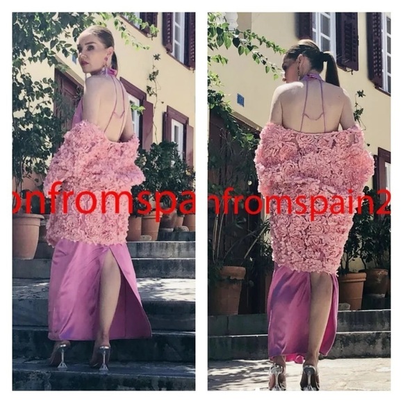 ZARA Light Pink High Neck Halter Backless Satin Midi Dress Medium Cocktail NEW - Picture 5 of 7